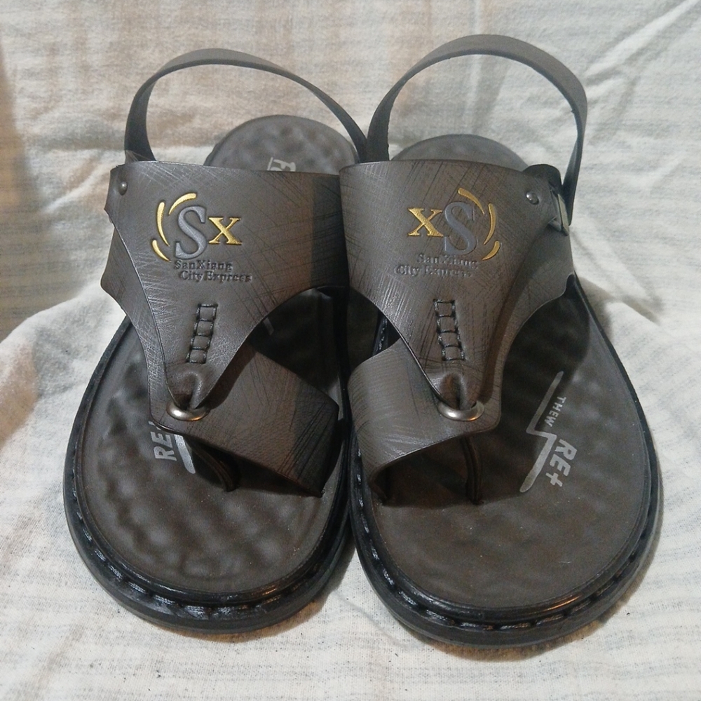Mens San Xiang Grey Leather Sandals Sz 11 NWTS